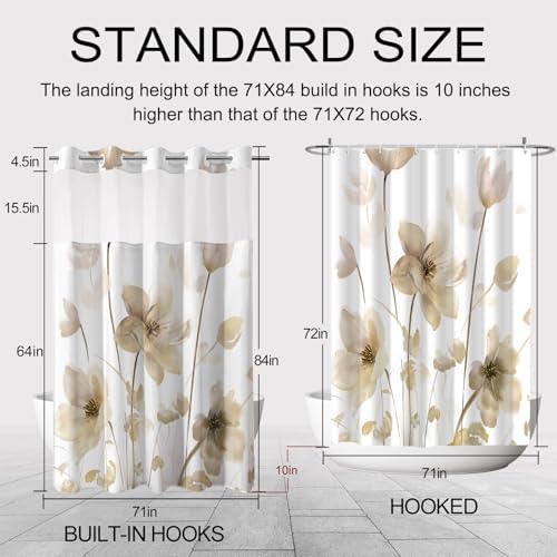 No Hook Shower Curtain and Liner Set, Yellow Boho Floral 71x84