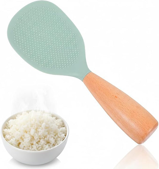 MAGICLULU Standing Silicone Rice Paddle, Non-stick Rice Spoon with Wooden Handle, Easy to Clean, Heat Resistant Upright Spatula Utensil for Sushi Chef Family Kitchen Serving Cooking Accessory, Green