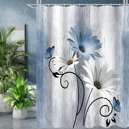 Onalasyc 4PCS Blue Daisy Floral Bathroom Sets with Shower Curtain and Rugs