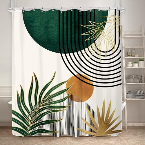 KOMLLEX Mid Century Green Boho Abstract Modern Bathroom Shower Curtain Set