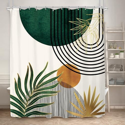 KOMLLEX Mid Century Green Boho Abstract Modern Bathroom Shower Curtain Set