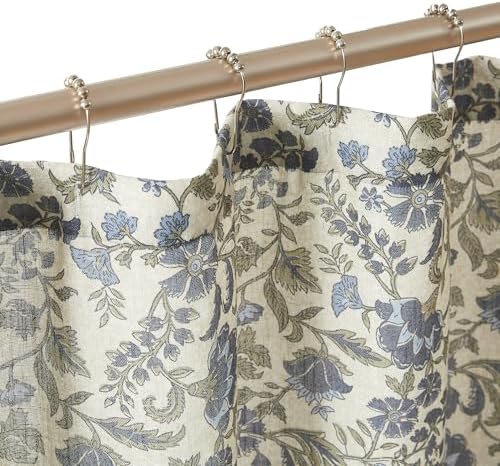 Lush Decor Lillian Block Print Linen Textured Shower Curtain Single 72" W x 72" L Blue & Sage - Vintage Floral Shower Curtains - Ruffled Bath Curtain