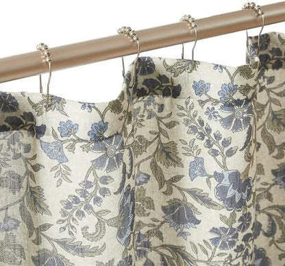 Lush Decor Lillian Block Print Linen Textured Shower Curtain Single 72" W x 72" L Blue & Sage - Vintage Floral Shower Curtains - Ruffled Bath Curtain