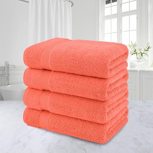 American Veteran Towel, 100% Cotton Turkish Bath Towels for Bathroom 4 Pack, 27x54 Extra Large Premium Soft Drying Bathroom Towels, Coral