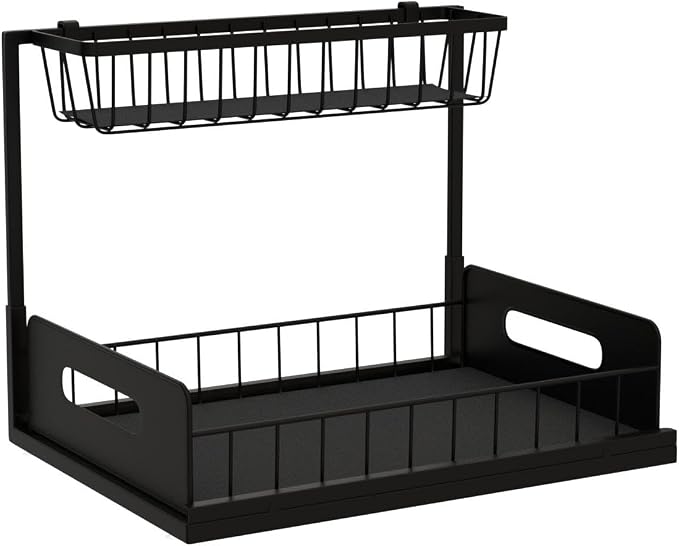 Under Sink Organizer,Metal Pull Out Kitchen Cabinet Organizer with Sliding Drawer,Sturdy Multi-Functional for Bathroom Organization,Black