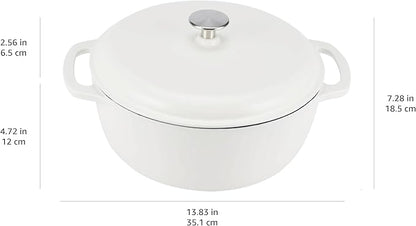 Amazon Basics Enameled Cast Iron Dutch Oven Pot with Lid, Round, Dual Handles, Heavy-Duty, Oven Safe for Stews, Roasting, Baking, 6-Quart, Matte White