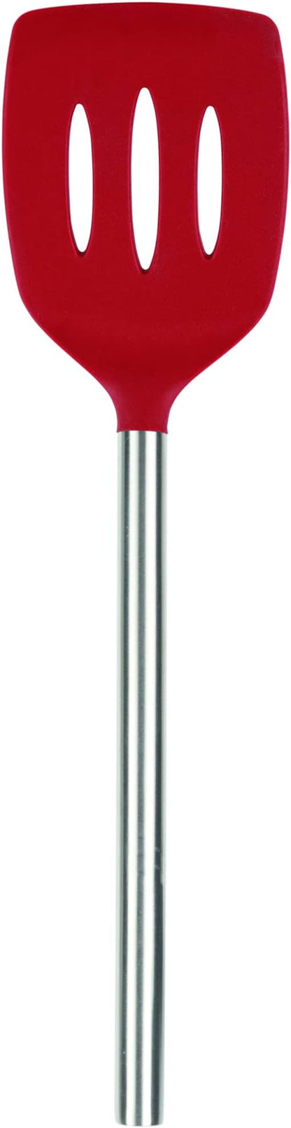Tovolo Slotted Silicone Spatula Turner Slotted Stainless Steel Handle 10" Cayenne Red Heat Resistant Non Toxic BPA Free Kitchen Utensil, Silicone Egg Pancake Flipper Metal Handle Turner for Cooking