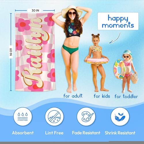 JML Personalized Beach Towel with Name, Custom Flower Beach Towel, Customized Microfiber Pool Towel, Quick Dry & Absorbent Swim Towel for Adult,Anniversary, Birthday, Summer Holiday,Vacation