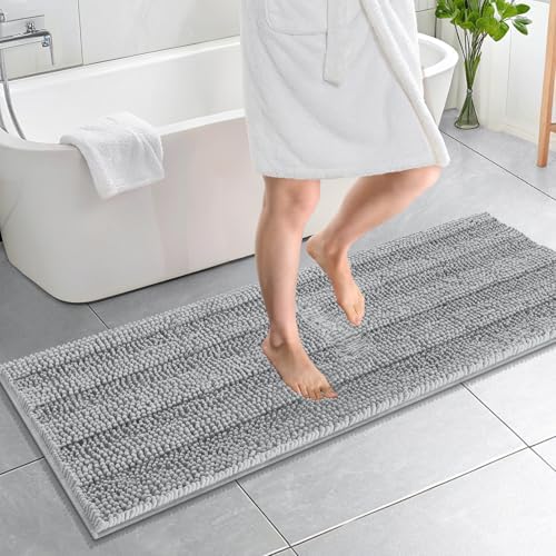 OLANLY Thick Bathroom Runner Rugs 59x20, Chenille Bath Rugs, Light Grey