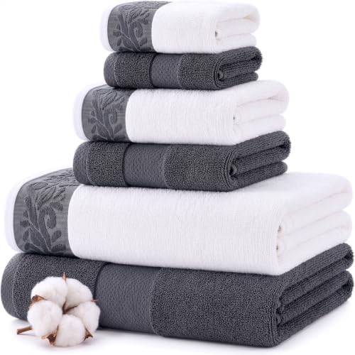 Modern Threads 6 Piece Bath Towel Set – Bathroom Towel Set with 2 Bath Towels, 2 Hand Towels & 2 Washcloths – 100% Cotton, Soft & Absorbent – Jacquard Border (Gray)