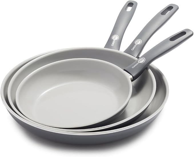 GreenPan Dover 8” 10” and 12” 3 Piece Frying Pan Skillet Set, Non-Toxic PFAS-Free Ceramic Nonstick Coating, Sear Saute Fry Egg Omlete, Dishwasher & Oven Safe, Stay Cool Handle, Easy Pour Rims, Gray