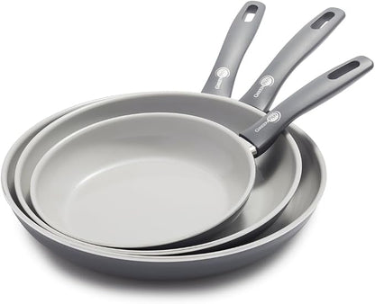 GreenPan Dover 8” 10” and 12” 3 Piece Frying Pan Skillet Set, Non-Toxic PFAS-Free Ceramic Nonstick Coating, Sear Saute Fry Egg Omlete, Dishwasher & Oven Safe, Stay Cool Handle, Easy Pour Rims, Gray