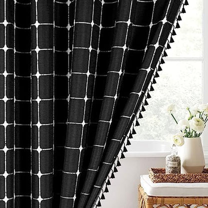 Boho Farmhouse Classic Plaid Linen Tassel Shower Curtain Black,36x72