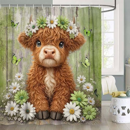 Cute Cow Shower Curtain, Farmhouse Rustic Floral Daisy Highland Cow Shower Curtains for Bathroom, Calf Country Farm Animal Garden Plant Fabric Bathroom Decor with Hooks, 54x72 inch