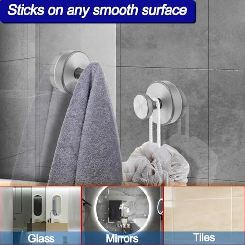 Bntuk Suction Cup Hooks for Shower, Removable Towel Hooks for Bathroom Window Glass Door Wall, Bath Robe Looafh Hook for Hanging - 2 Pack, Silver