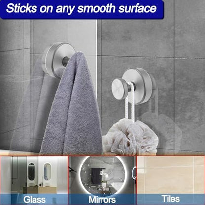 Bntuk Suction Cup Hooks for Shower, Removable Towel Hooks for Bathroom Window Glass Door Wall, Bath Robe Looafh Hook for Hanging - 2 Pack, Silver