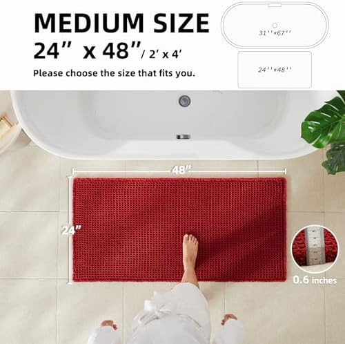 TYUU Waffle Bath Mat, Boho Bathroom Rugs Non Slip, 48x24 Burgundy