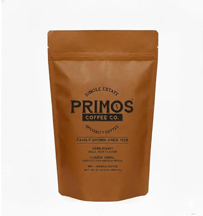 Primos French Press Coffee, Coarse Grind - 2 Bags, 1 Medium & 1 Dark Roast | Coarsely ground for balanced extraction with no bitterness; low acidity, fruit & cacao notes; from our Nicaraguan family farm