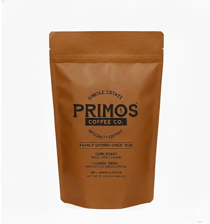 Primos French Press Coffee, Smooth Arabica, Dark Roast, Coarse Grind | Coarsely ground for balance without bitterness; bold low acid flavor, fruit & cacao notes; from our Nicaraguan family farm