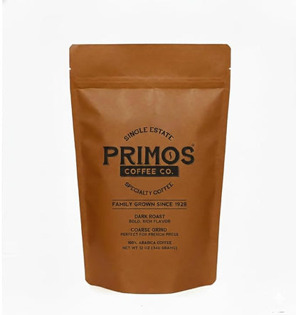 Primos French Press Coffee, Smooth Arabica, Dark Roast, Coarse Grind | Coarsely ground for balance without bitterness; bold low acid flavor, fruit & cacao notes; from our Nicaraguan family farm