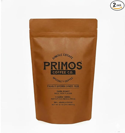 Primos French Press Coffee, Smooth, Dark Roast, Coarse Grind, 2 Bags | Coarsely ground for balance without bitterness; bold low acid flavor, fruit & cacao notes; from our Nicaraguan family farm