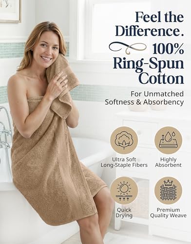 LANE LINEN Towel Set Quick Dry 100% Cotton 16 Piece Soft Absorbent - Taupe