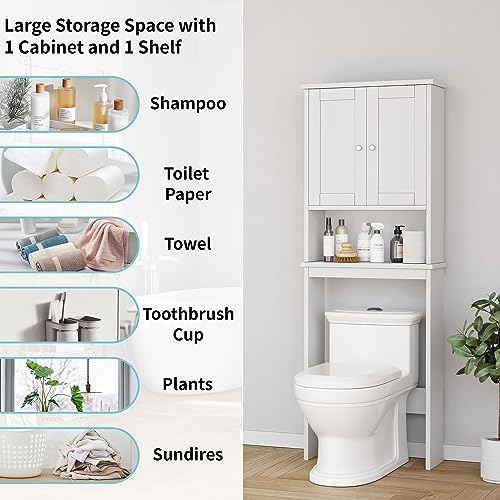 Shintenchi Over the Toilet Storage Cabinet, Bathroom Shelf Organizer with Anti-Tip Device Small Freestanding Space Saver with Adjustable Shelf，White