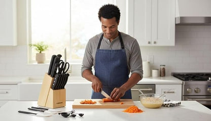 Farberware 22-Piece Never Needs Sharpening Triple Rivet High-Carbon Stainless Steel Knife Block and Kitchen Tool Set, Black, Durable AND Precision Cutlery