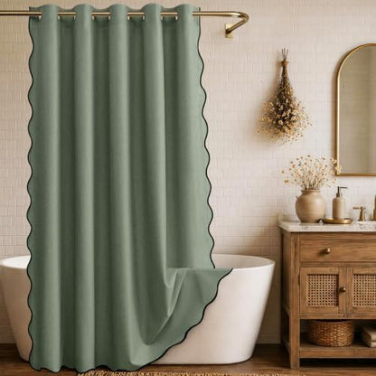 Furlinic Linen No Hook Shower Curtain Scalloped Washable 72x78 Olive Green