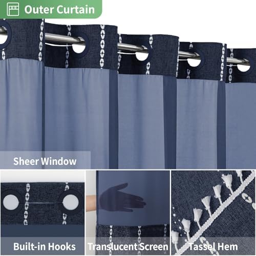 eachope Boho Farmhouse No Hook Shower Curtain with Liner,71x74,Navy Blue