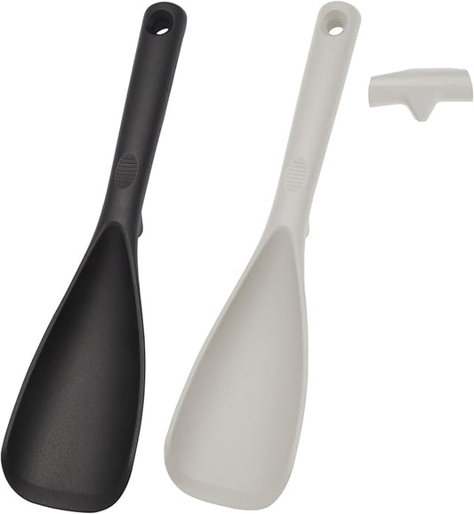 12.6" Extra Long Silicone Spatula Spoon for Nonstick Cookware, Seamless One-Piece Design Cooking Spoon with Built-in Tool Rest for Mixing, Scoop and Scrape, Dishwasher Safe, Black & Khaki