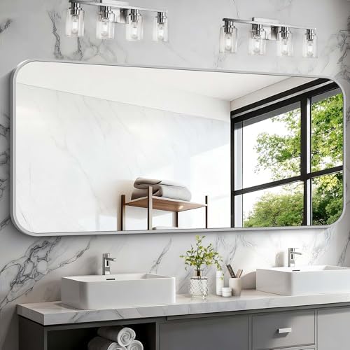 Silver Bathroom Mirror, 72 x 30 Inch Large Rectangle Mirror, Rectangular Vanity Mirror Aluminum Metal Frame, Rounded Corner Wall Mirror for Living Room Bedroom Entryway Horizontal/Vertical