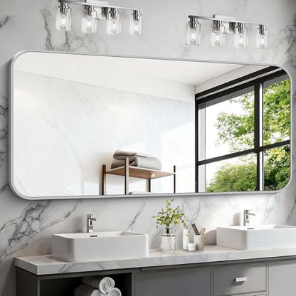 Silver Bathroom Mirror, 72 x 30 Inch Large Rectangle Mirror, Rectangular Vanity Mirror Aluminum Metal Frame, Rounded Corner Wall Mirror for Living Room Bedroom Entryway Horizontal/Vertical