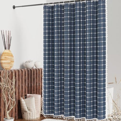 Boho Farmhouse Classic Plaid Linen Tassel Shower Curtain Navy Blue,72x78