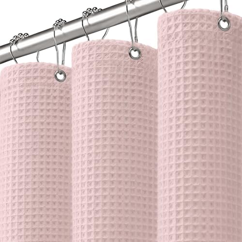 Waffle Weave Shower Curtain Heavyweight Cotton Fabric Blush Pink 72Wx72L
