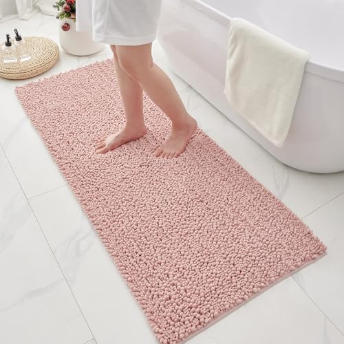 Bathroom Rugs Non Slip Washable 70x24, Extra Thick Soft Chenille Absorbent Bath Mat, High Density Barrier Non Slip Backing, Quick Dry Plush Shaggy Floor Carpet for Tub&Shower, Pink