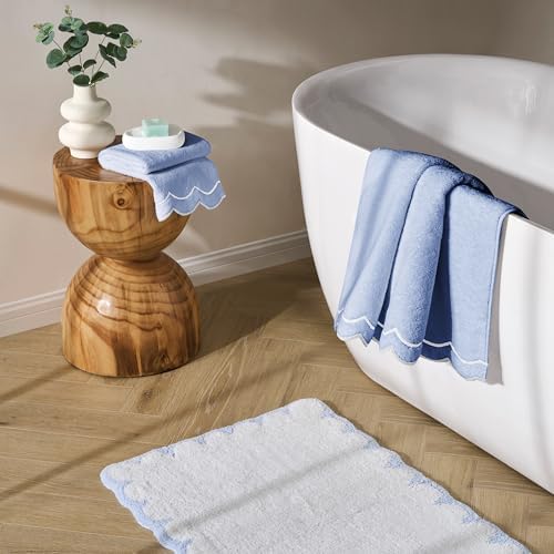 Peri Home 100% Cotton Hand Towel, 16" x 27", Blue with White Scallop, 1-Pc
