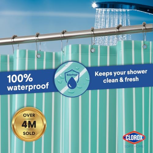 Clorox Shower Curtain Liner, Premium Striped Medium-Weight Durable Waterproof 6g PEVA for Bathroom with Weighted Magnets, Printed Standard Size 72" x 72", Aqua