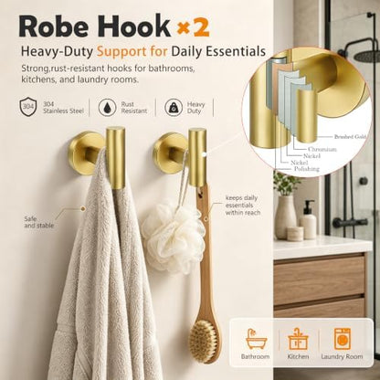 5 Piece Brushed Gold Bathroom Hardware Accessories Set, 24" Towel Bar Set