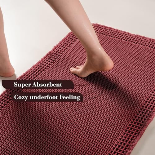 RESARE Waffle Bath Mat for Bathroom Non Slip Bathroom Rugs 18"x30" Dark Red