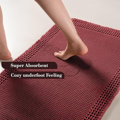 RESARE Waffle Bath Mat for Bathroom Non Slip Bathroom Rugs 18"x30" Dark Red