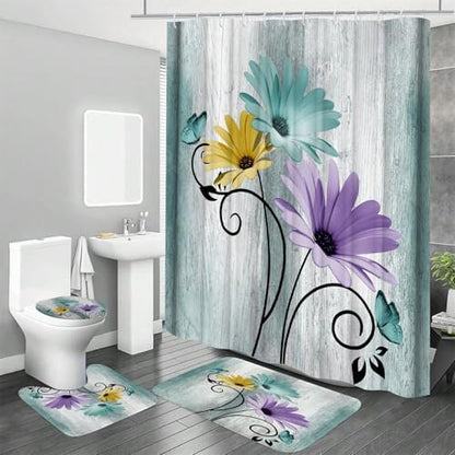 Onalasyc 4PCS Blue Green Daisy Bathroom Sets with Shower Curtain and Rugs