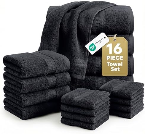 LANE LINEN Bath Towel Set Quick Dry 100% Cotton 16 Piece Soft - Black