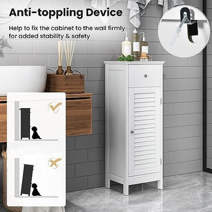 GIANTEX Bathroom Floor Storage Cabinet with Louvered Door and Drawer, White