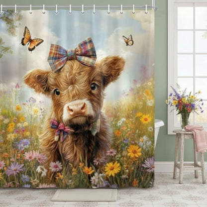 Cow Shower Curtain, Farmhouse Rustic Floral Funny Cute Highland Cow Shower Curtains, Western Cattle Bull Animal Wildflower Country Farm Animal Bathroom Decor, Surreal Bathroom Curtain, 70x84 inch