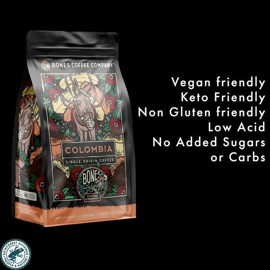 Bones Coffee Company Colombia Single-Origin Coffee, Almonds, Dried Fruit, Vanilla Notes, Flavored Whole Bean Coffee, Medium Roast Low Acid Arabica Beans, 12 oz Whole Bean