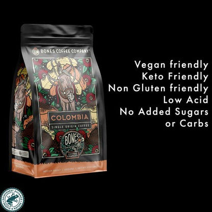 Bones Coffee Company Colombia Single-Origin Coffee, Almonds, Dried Fruit, Vanilla Notes, Flavored Whole Bean Coffee, Medium Roast Low Acid Arabica Beans, 12 oz Whole Bean