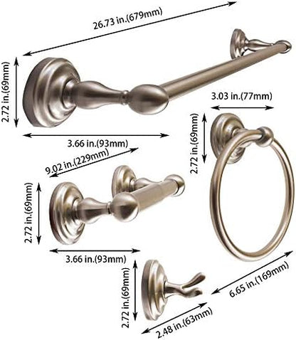 SENTO ROBIKI Modern Nickel Bathroom Hardware Accessories Set, Includes Robe Hook, Toilet Paper Holder, Towel Ring, 24" Towel Bar, Duty Metal Bath Hardware Set Wall Mounted(4-Piece, Satin Nickel)
