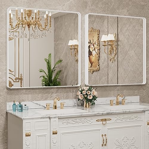 LOAAO 30x30 Inch White Metal Framed Bathroom Mirror for Wall