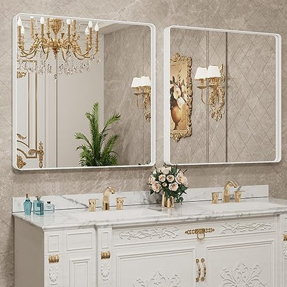 LOAAO 30x30 Inch White Metal Framed Bathroom Mirror for Wall